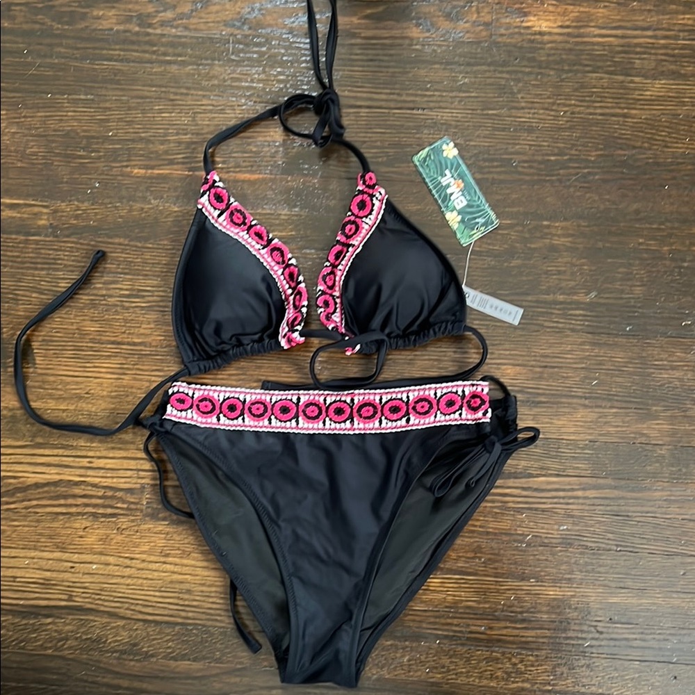 NWT Black Bikini with Pink Embroidery